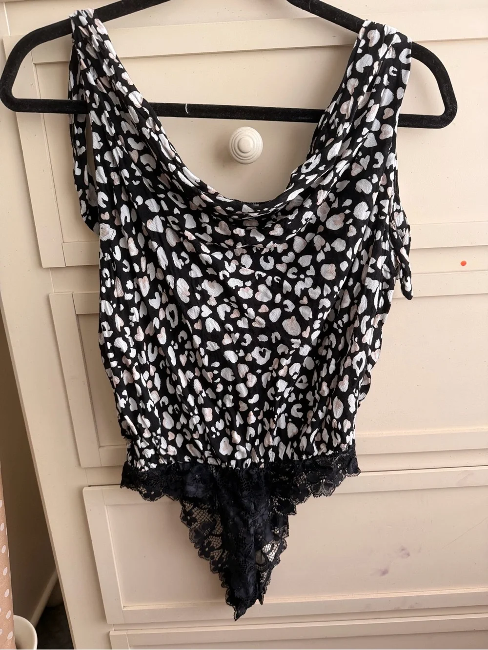 Free People Black, White & Cream Leopard-Print Lace-Trim Bodysuit